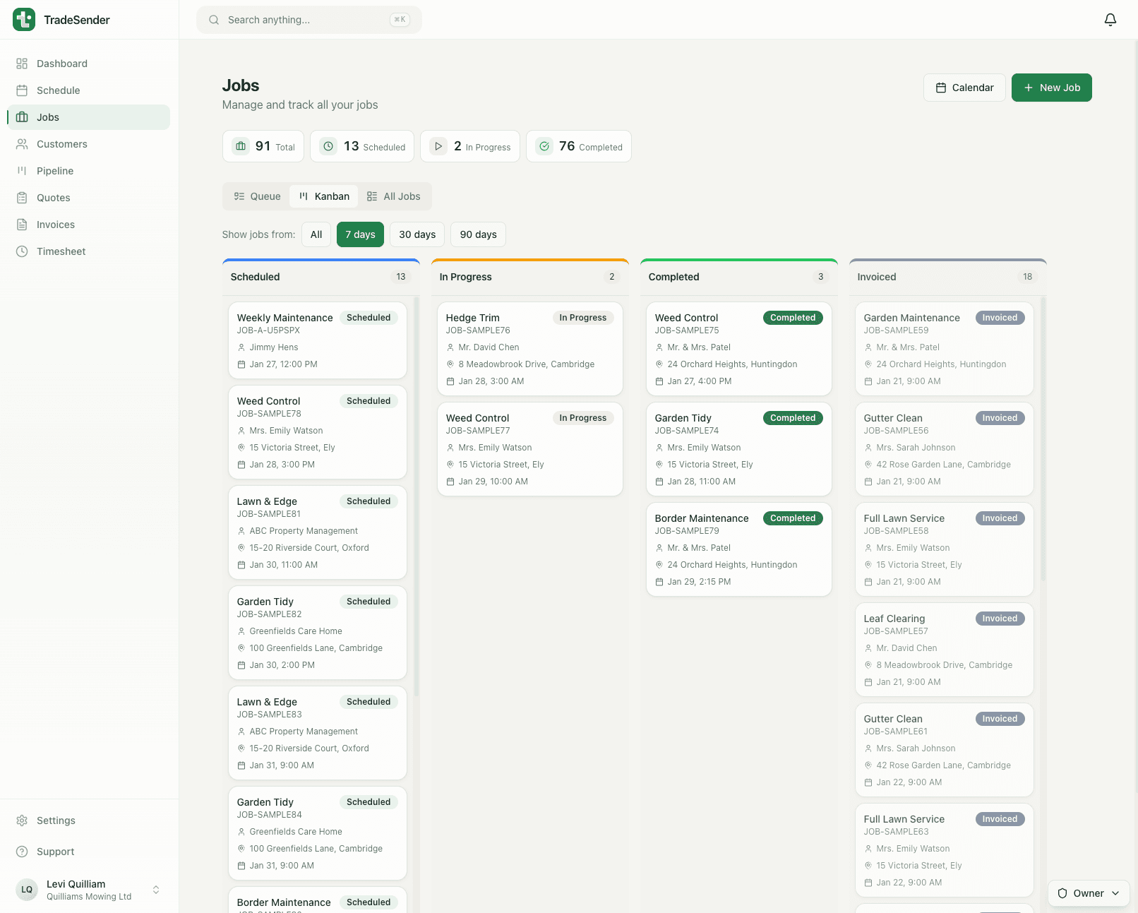 Kanban board showing jobs organized by status